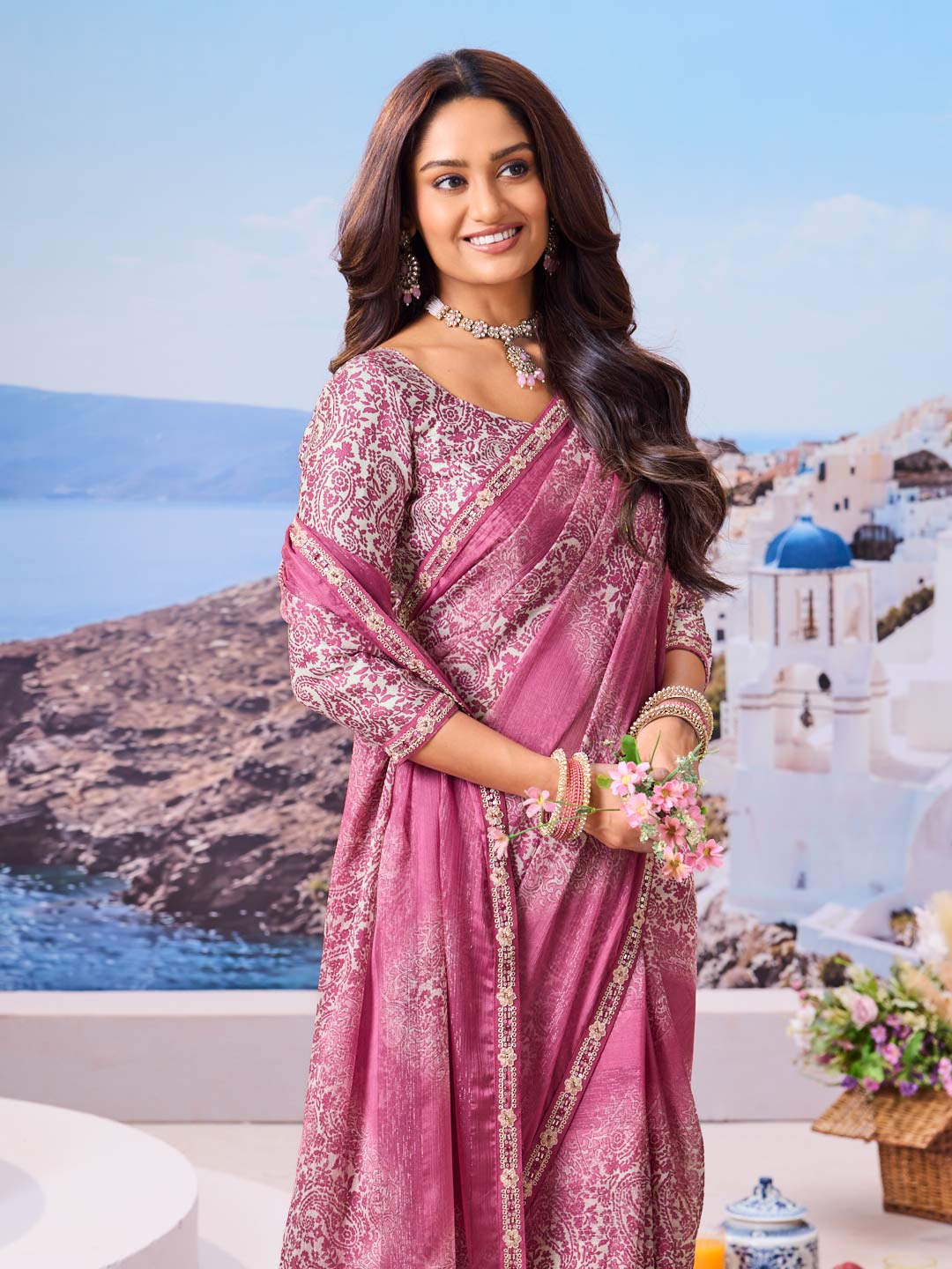 Laxmipati Nazar Purple Chiffon Floral Printed Saree
