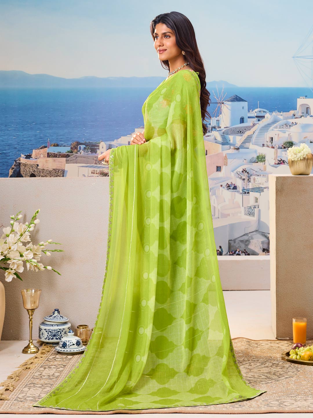 Laxmipati Nazar Green Chiffon Floral Printed Saree