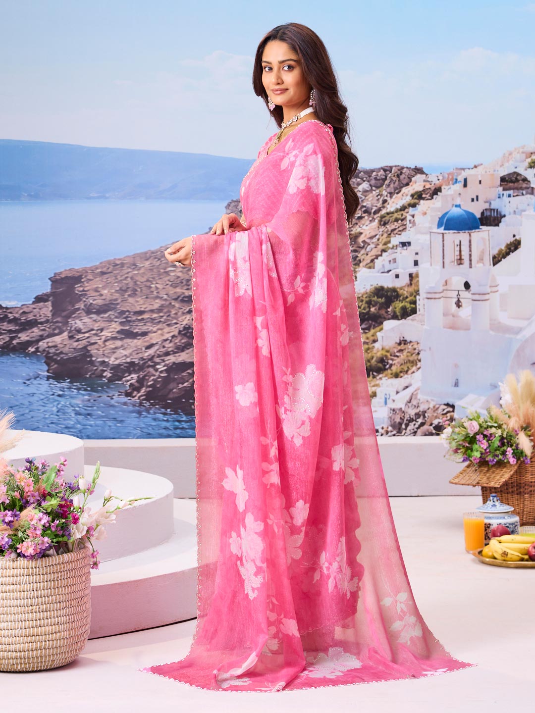 Laxmipati Nazar Pink Chiffon Floral Printed Saree