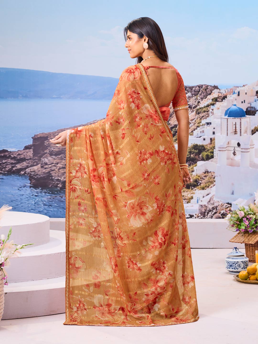 Laxmipati Nazar Brown Chiffon Floral Printed Saree