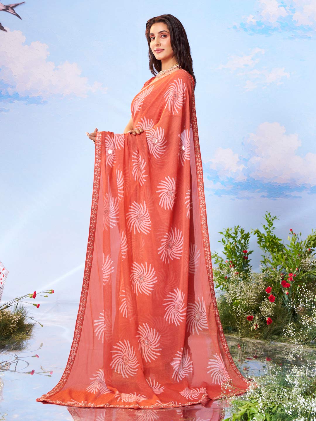 Laxmipati Andaaz Peach Chiffon Floral Printed Saree
