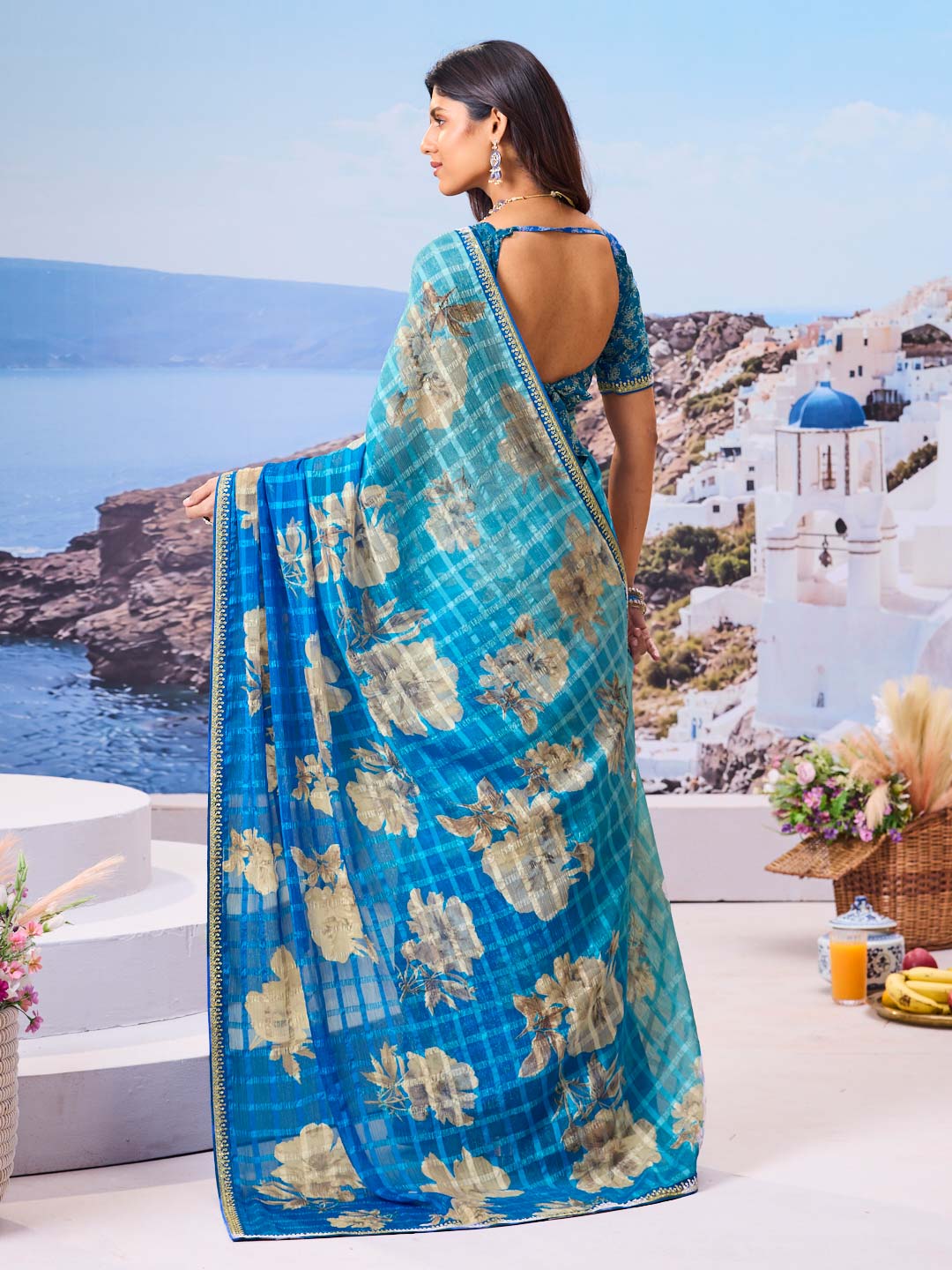 Laxmipati Nazar Blue Chiffon Floral Printed Saree