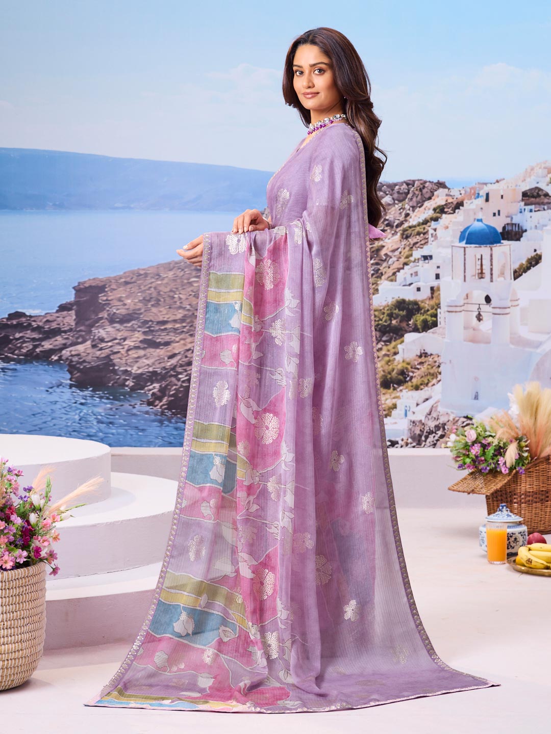 Laxmipati Nazar Lavender Chiffon Floral Printed Saree