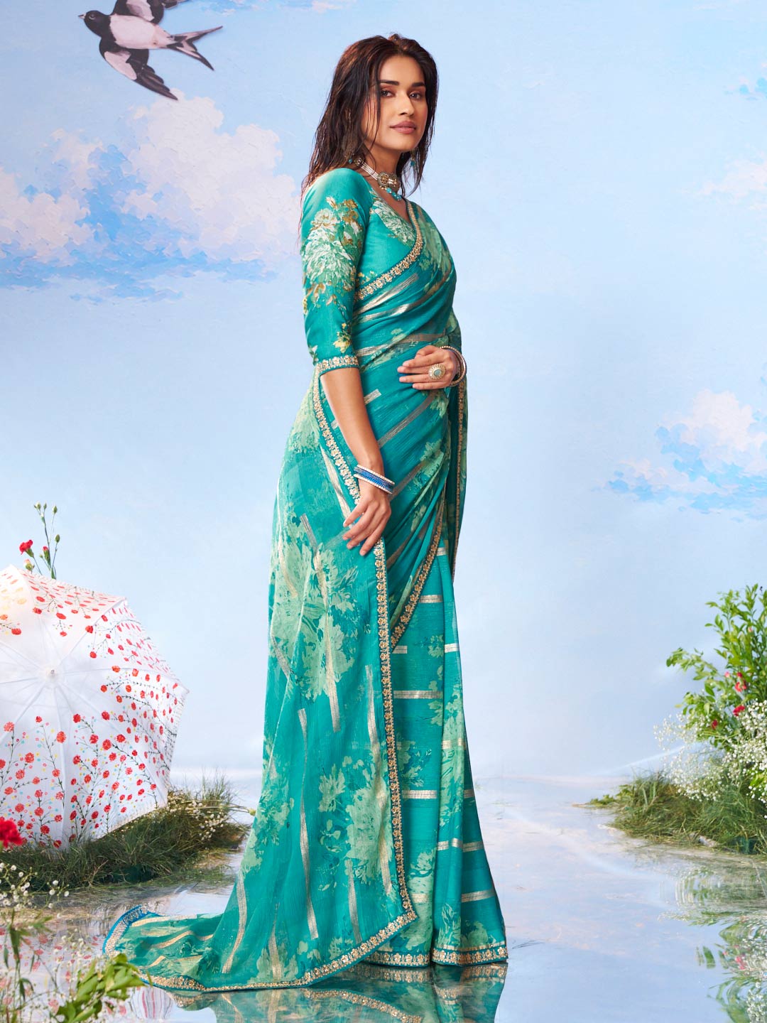 Laxmipati Andaaz Blue Chiffon Floral Printed Saree