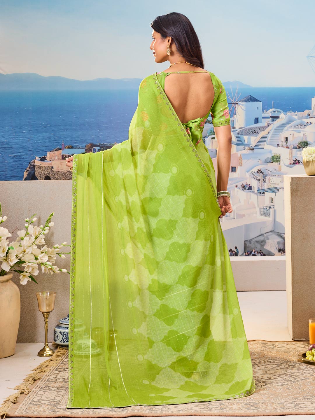 Laxmipati Nazar Green Chiffon Floral Printed Saree