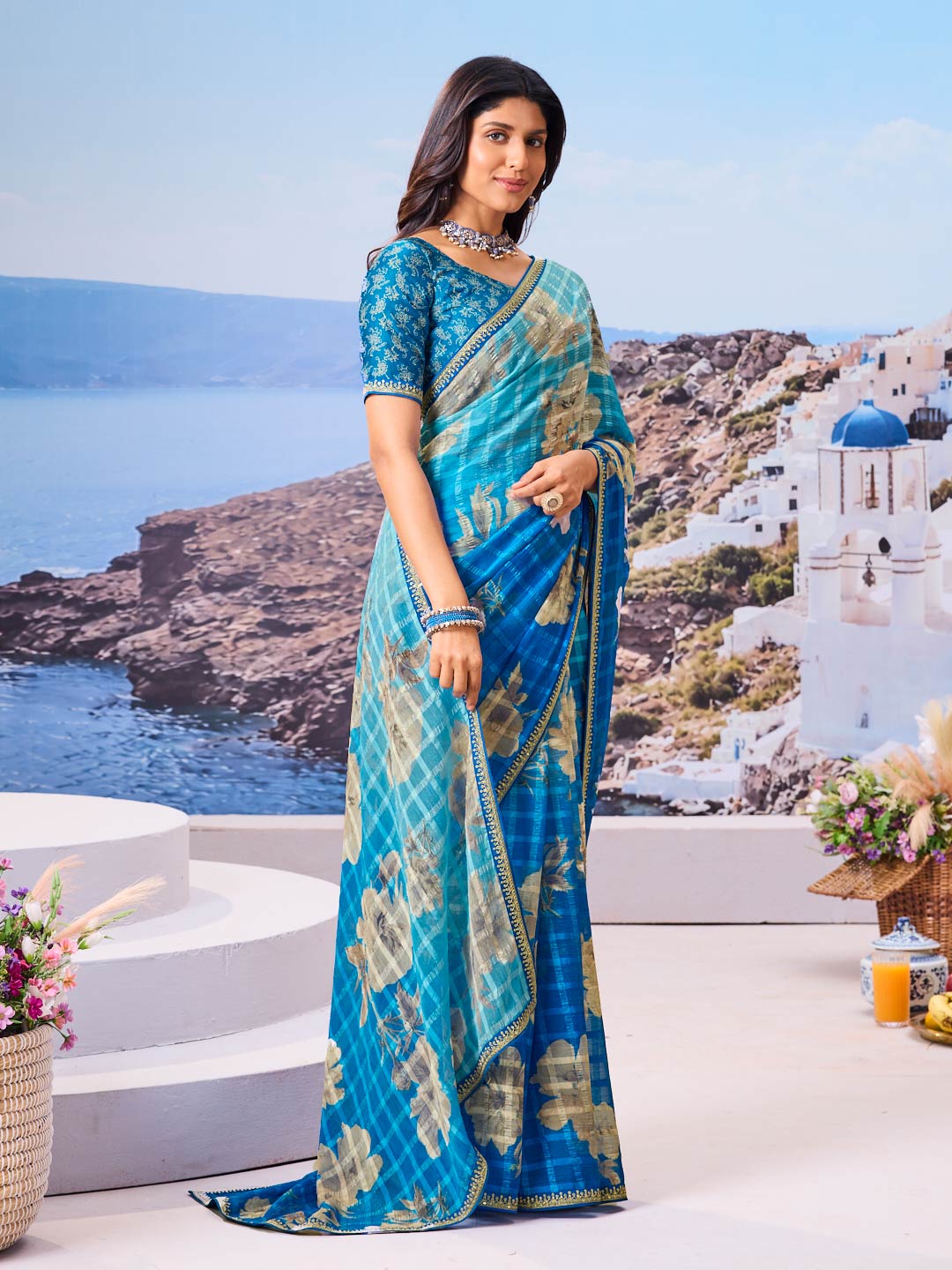 Laxmipati Nazar Blue Chiffon Floral Printed Saree