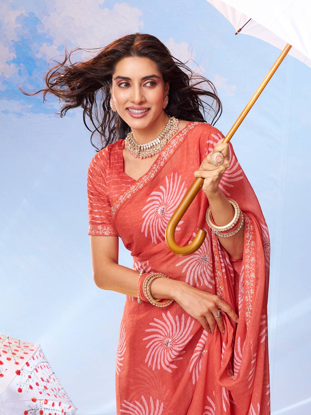 Laxmipati Andaaz Peach Chiffon Floral Printed Saree