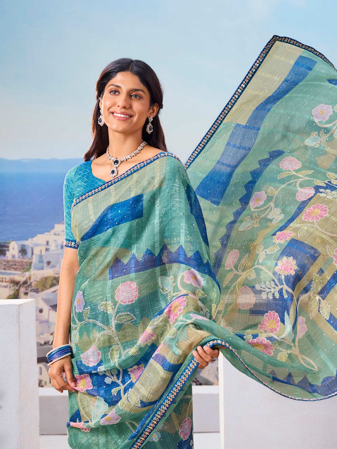 Laxmipati Nazar Blue Chiffon Floral Printed Saree