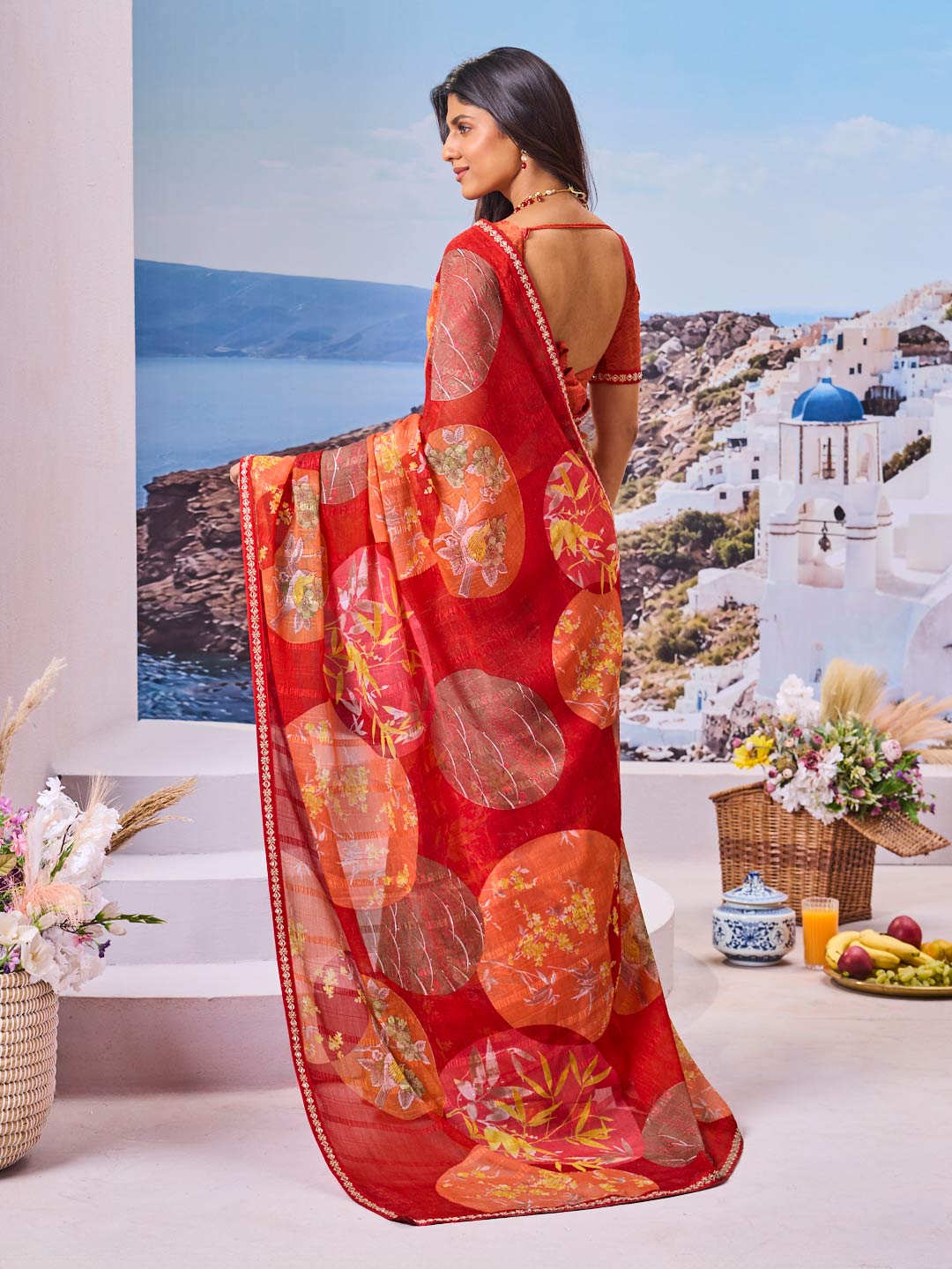 Laxmipati Nazar Red Chiffon Floral Printed Saree
