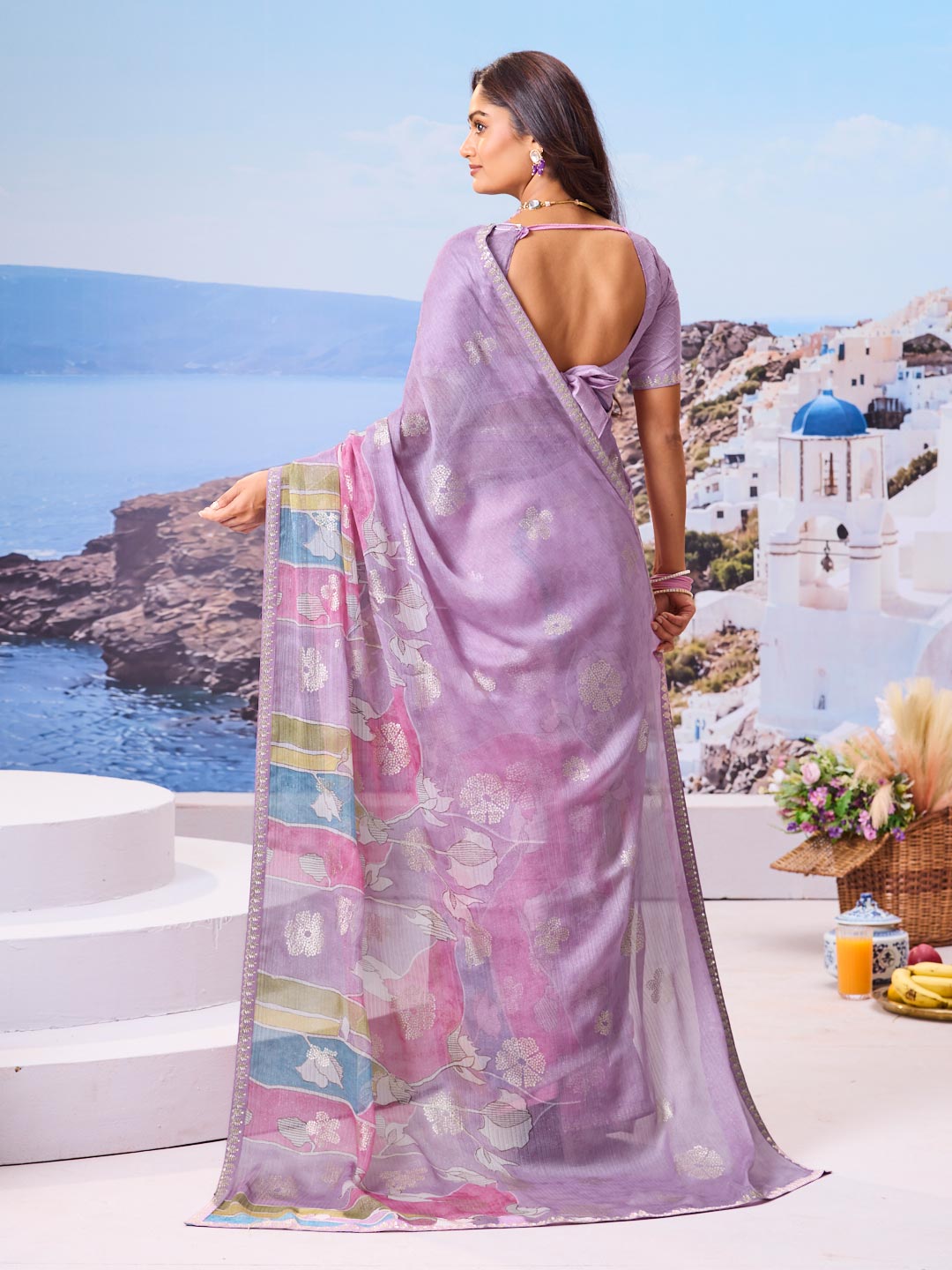 Laxmipati Nazar Lavender Chiffon Floral Printed Saree