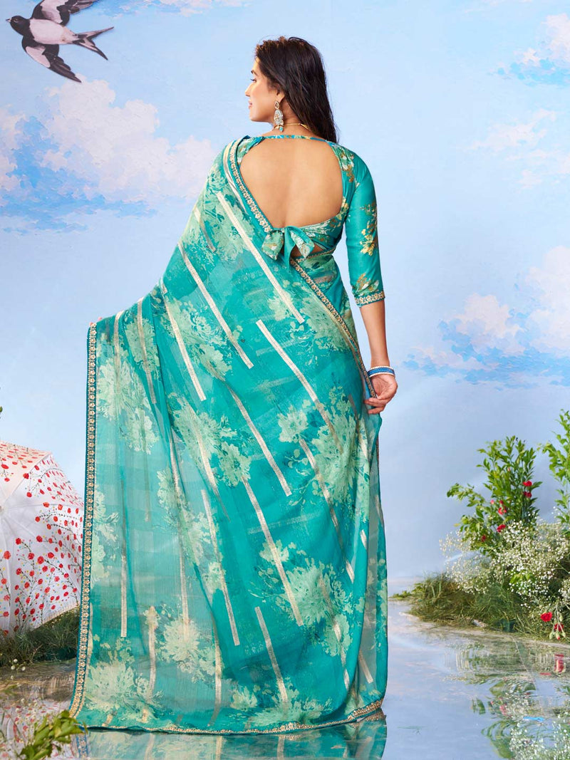 Laxmipati Andaaz Blue Chiffon Floral Printed Saree