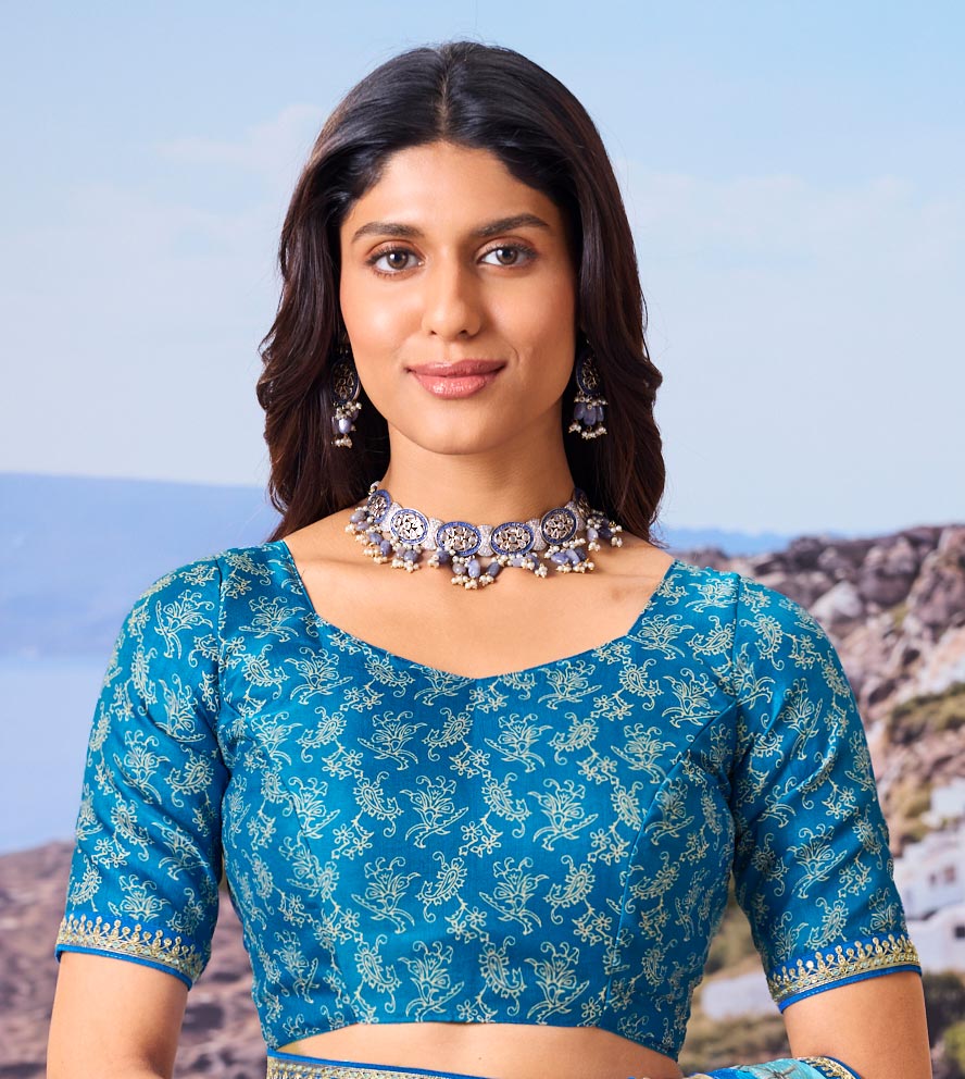 Laxmipati Nazar Blue Chiffon Floral Printed Saree