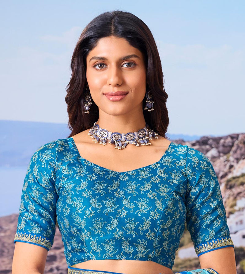 Laxmipati Nazar Blue Chiffon Floral Printed Saree