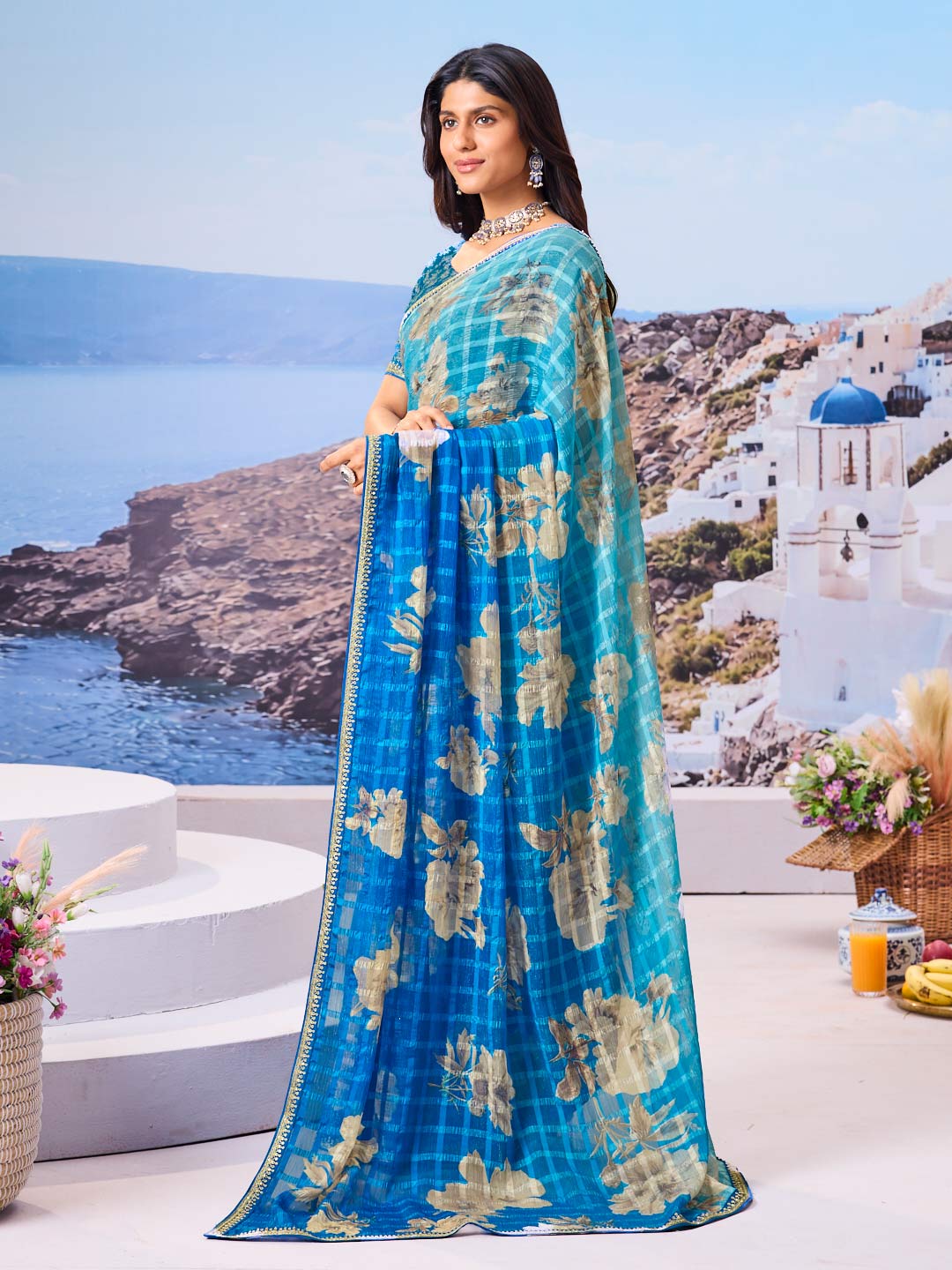 Laxmipati Nazar Blue Chiffon Floral Printed Saree