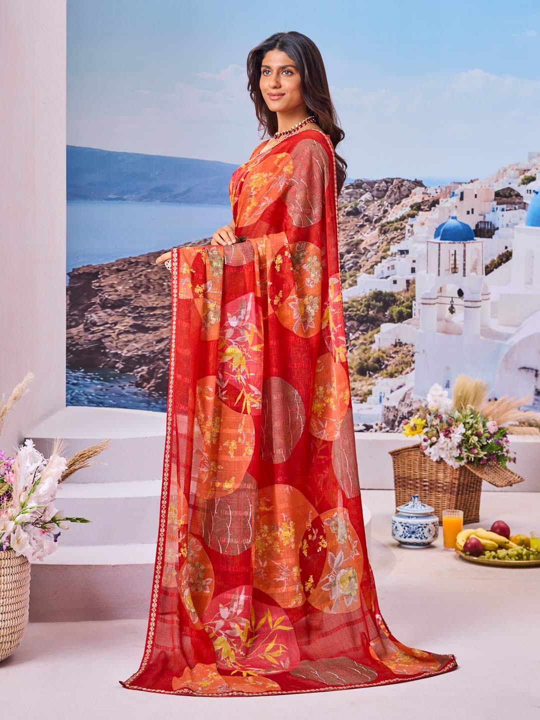 Laxmipati Nazar Red Chiffon Floral Printed Saree