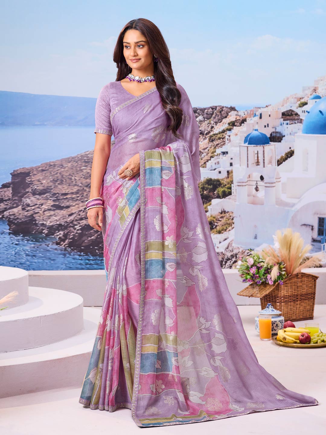 Laxmipati Nazar Lavender Chiffon Floral Printed Saree