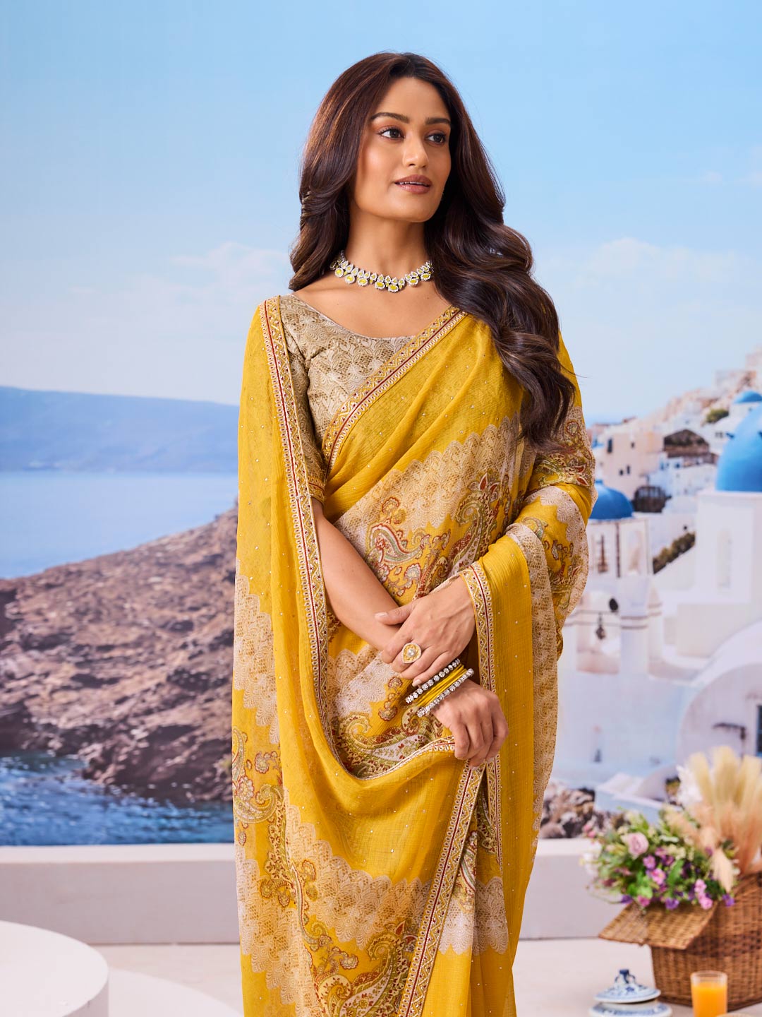 Laxmipati Nazar Yellow Chiffon Floral Printed Saree