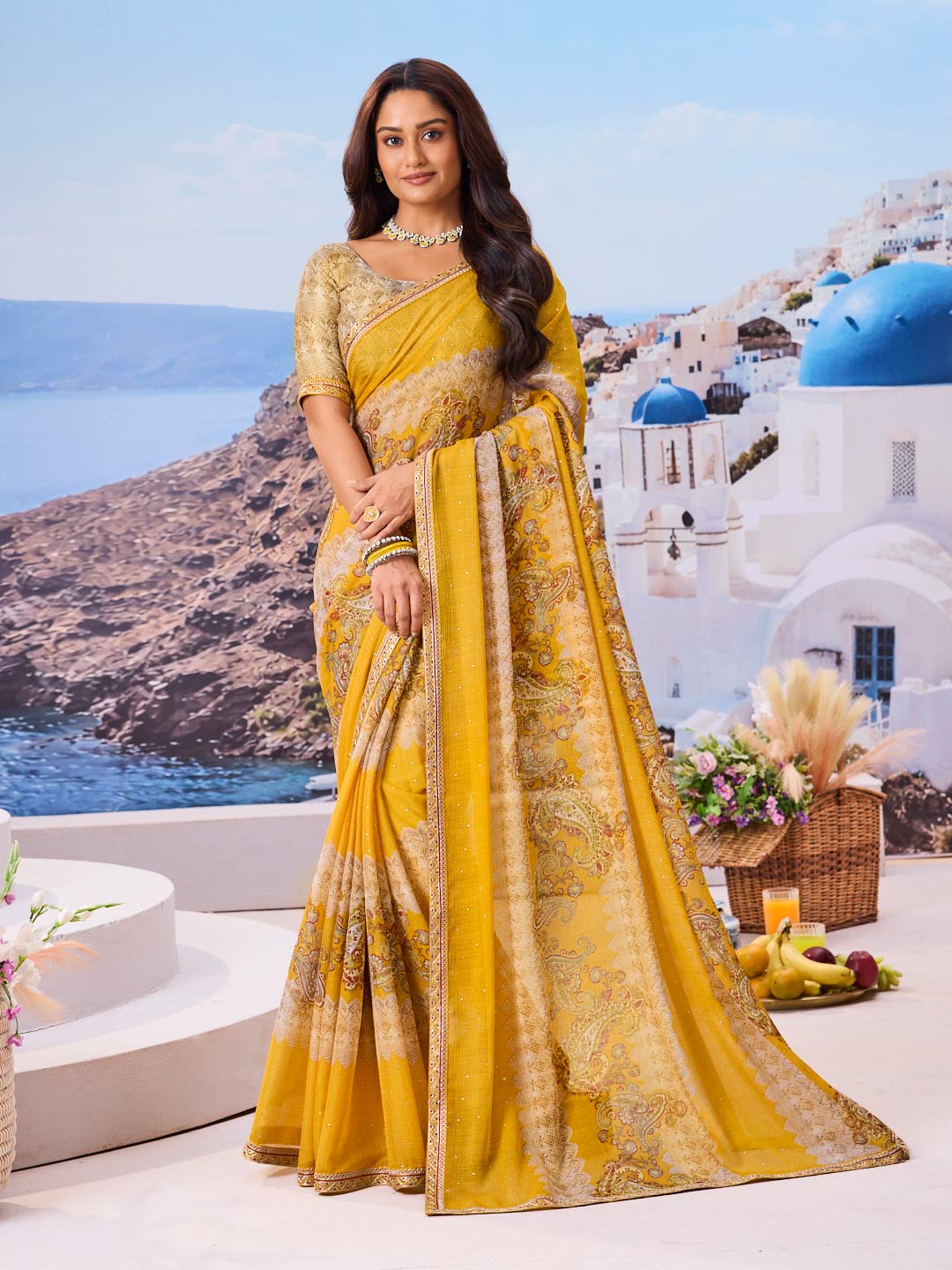 Laxmipati Nazar Yellow Chiffon Floral Printed Saree