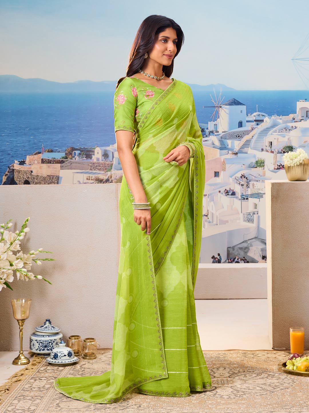 Laxmipati Nazar Green Chiffon Floral Printed Saree