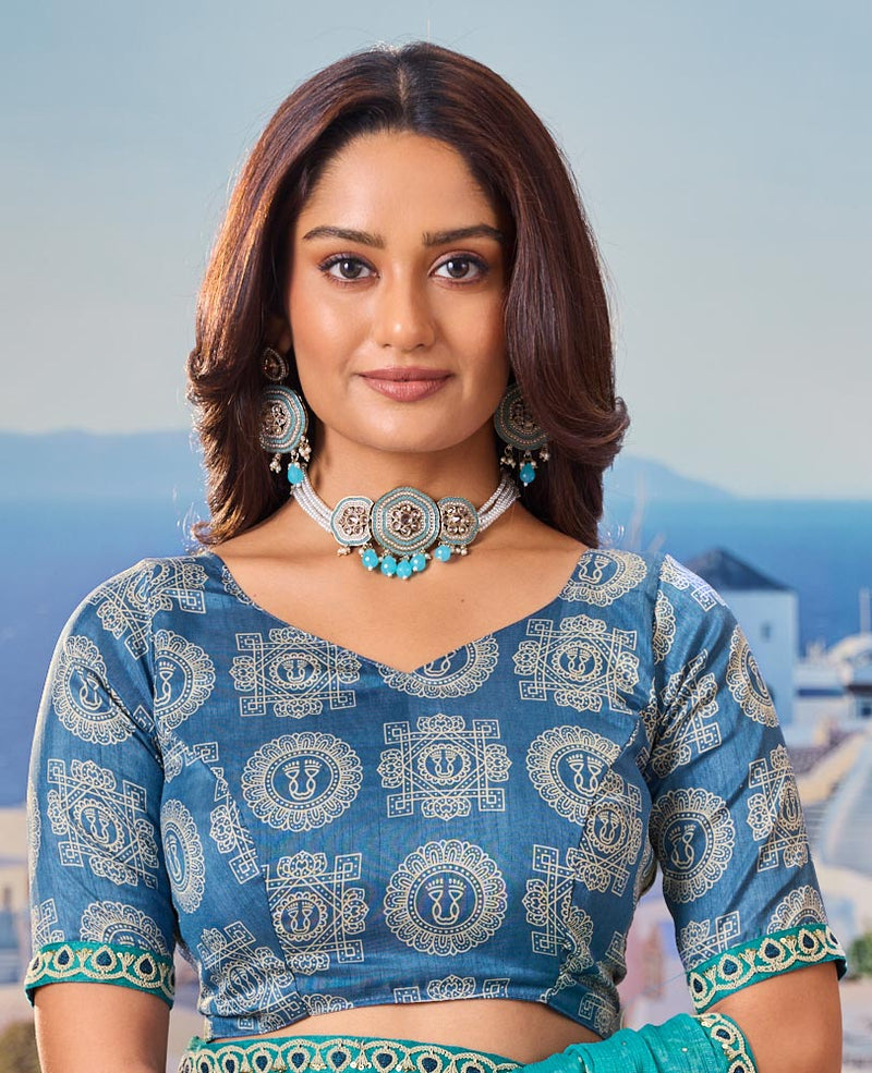 Laxmipati Nazar Blue Chiffon Floral Printed Saree