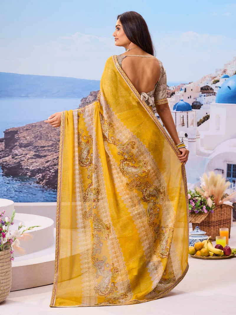 Laxmipati Nazar Yellow Chiffon Floral Printed Saree