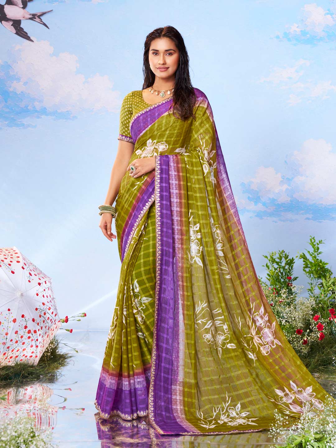 Laxmipati Andaaz Olive Green Chiffon Floral Printed Saree