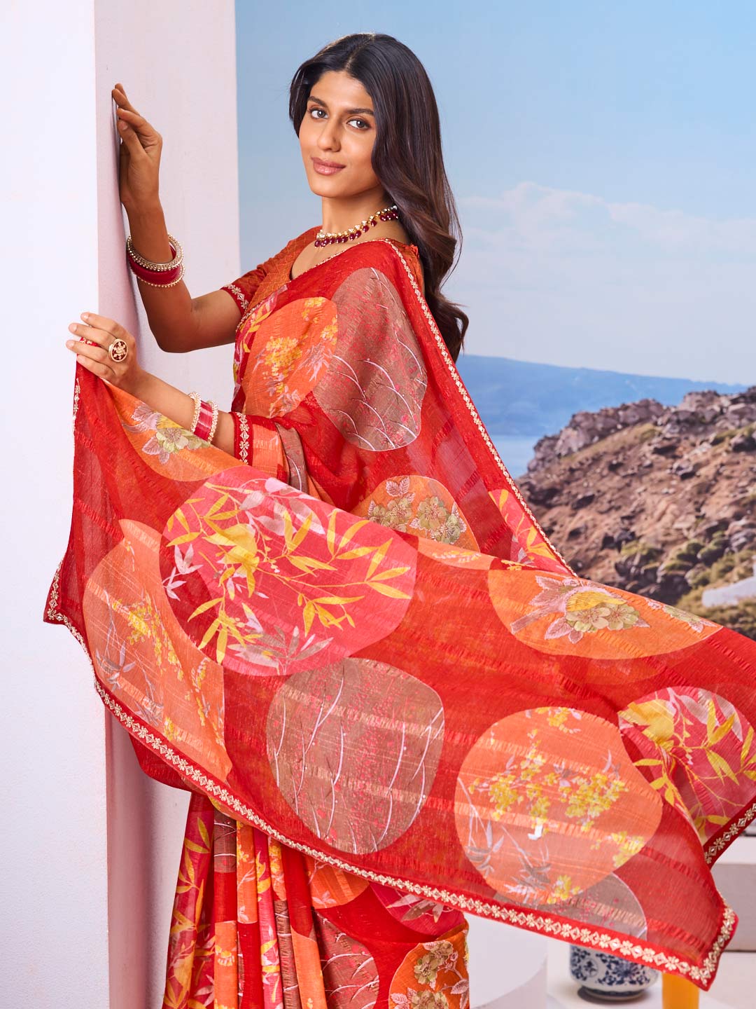 Laxmipati Nazar Red Chiffon Floral Printed Saree