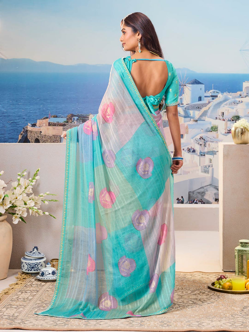 Laxmipati Nazar Blue Chiffon Floral Printed Saree