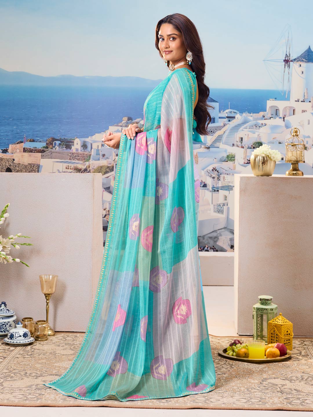 Laxmipati Nazar Blue Chiffon Floral Printed Saree