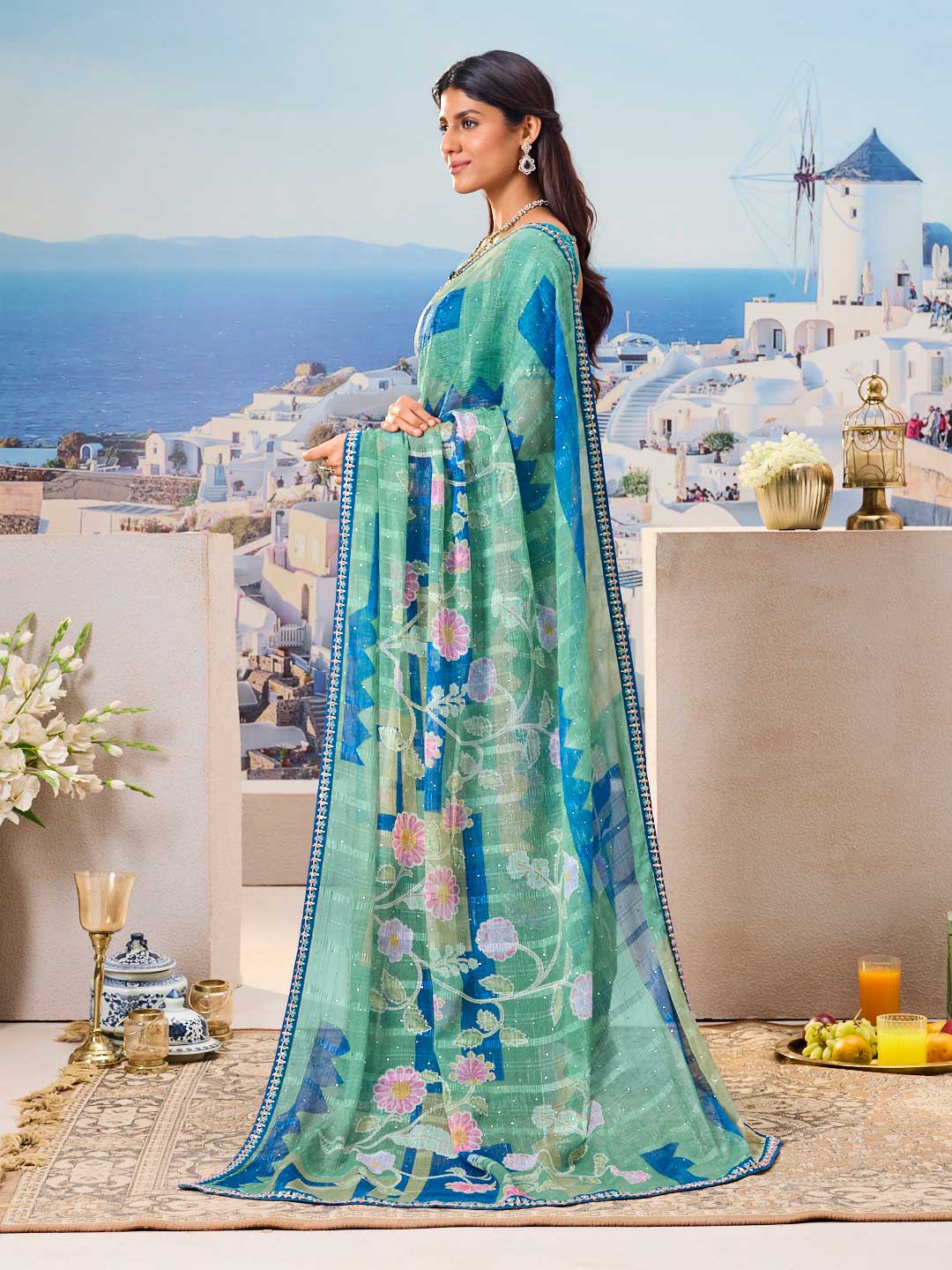 Laxmipati Nazar Blue Chiffon Floral Printed Saree