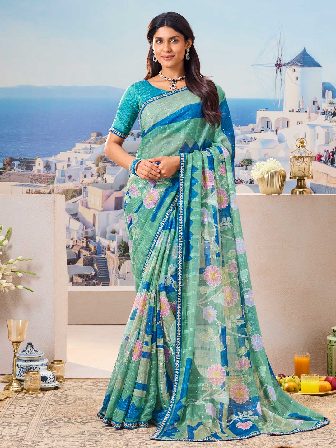 Laxmipati Nazar Blue Chiffon Floral Printed Saree