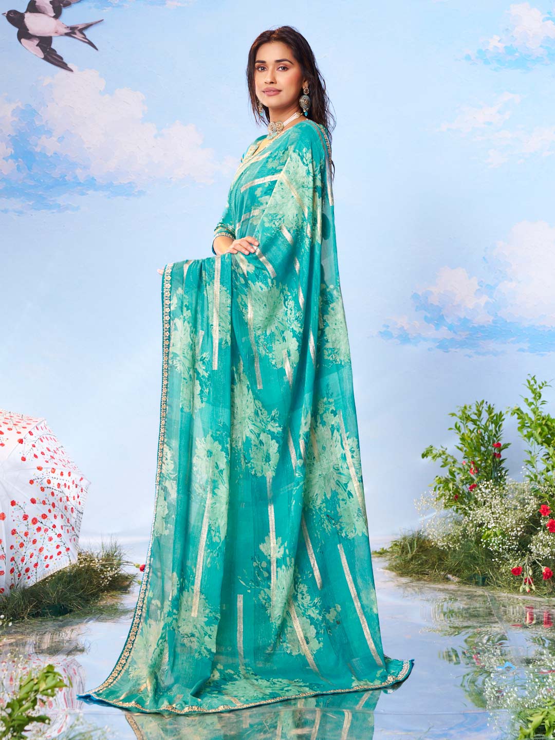 Laxmipati Andaaz Blue Chiffon Floral Printed Saree