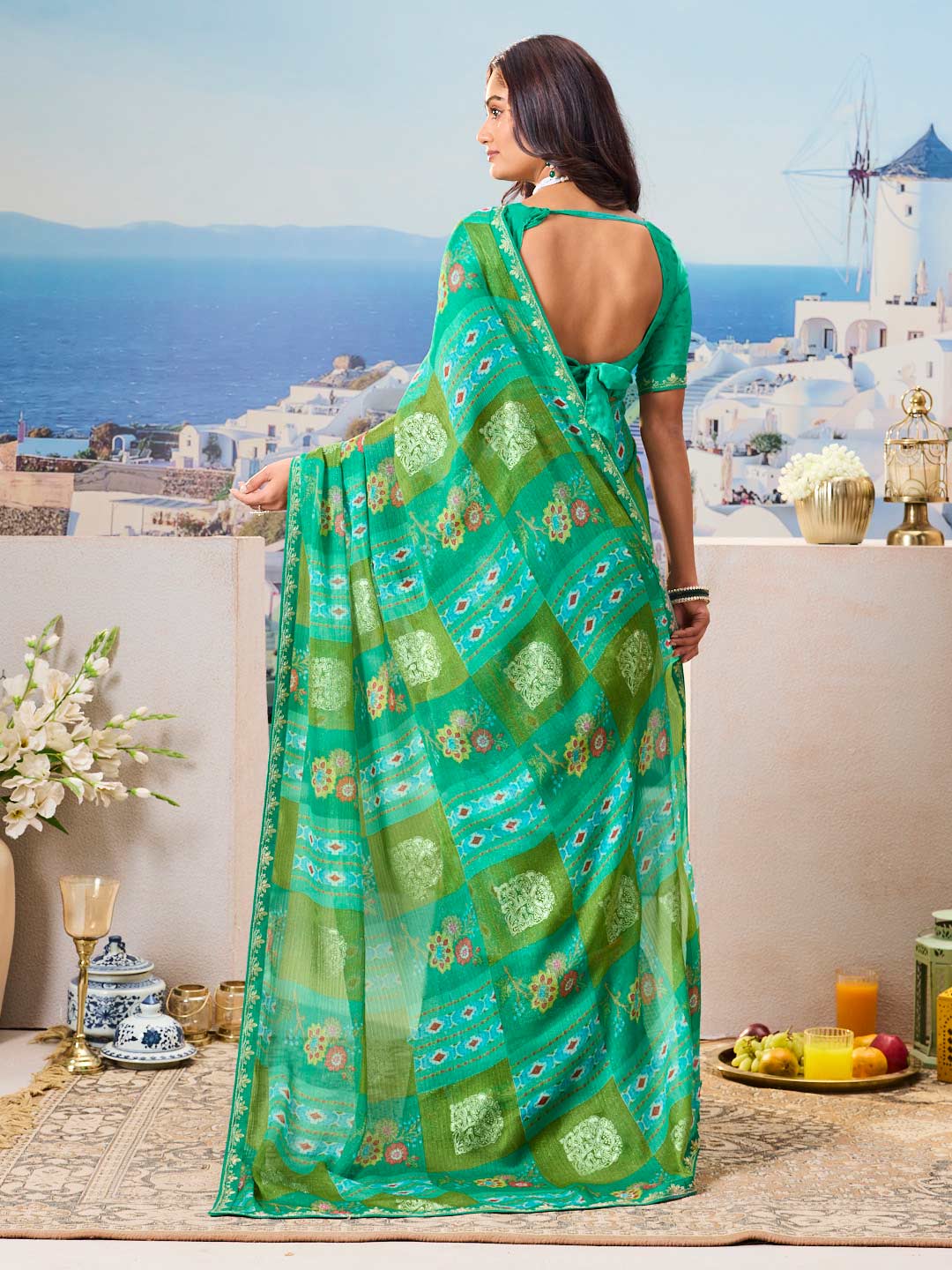 Laxmipati Nazar Green Chiffon Floral Printed Saree