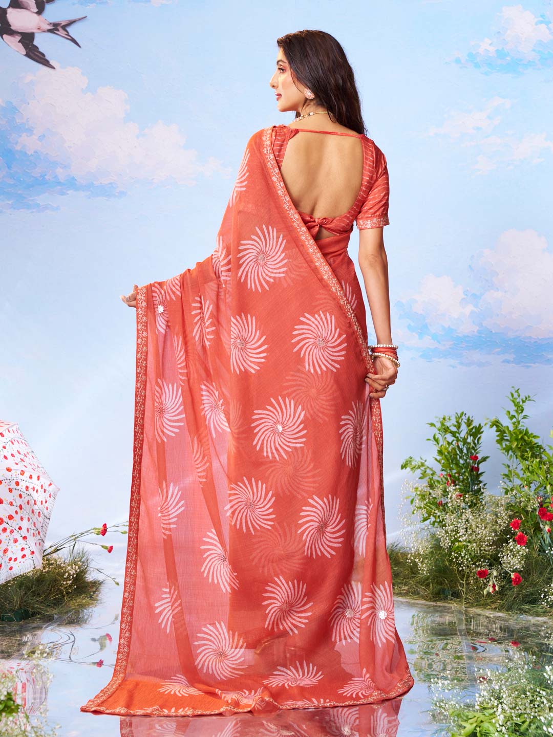 Laxmipati Andaaz Peach Chiffon Floral Printed Saree