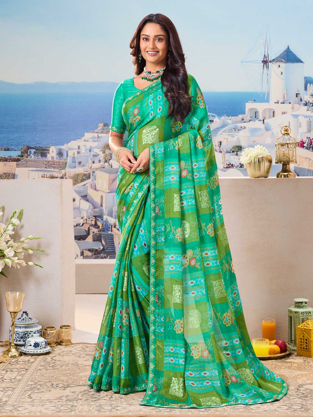 Laxmipati Nazar Green Chiffon Floral Printed Saree