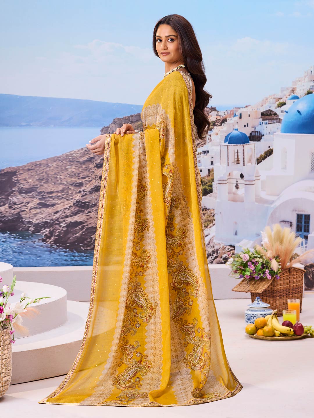 Laxmipati Nazar Yellow Chiffon Floral Printed Saree