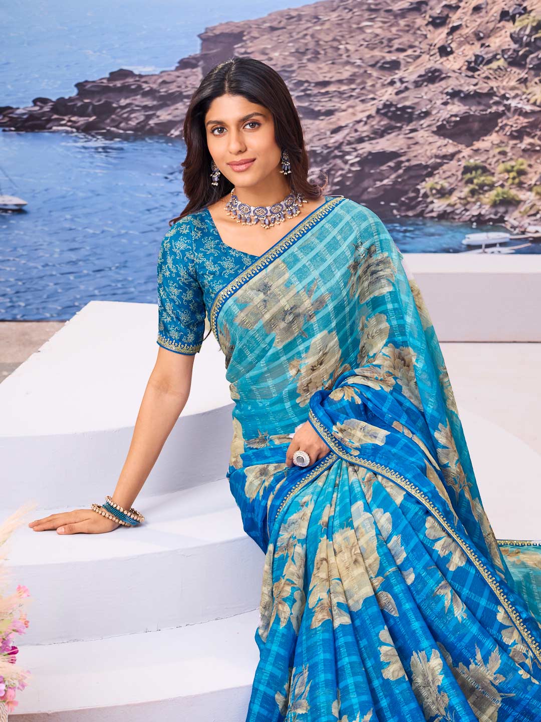 Laxmipati Nazar Blue Chiffon Floral Printed Saree