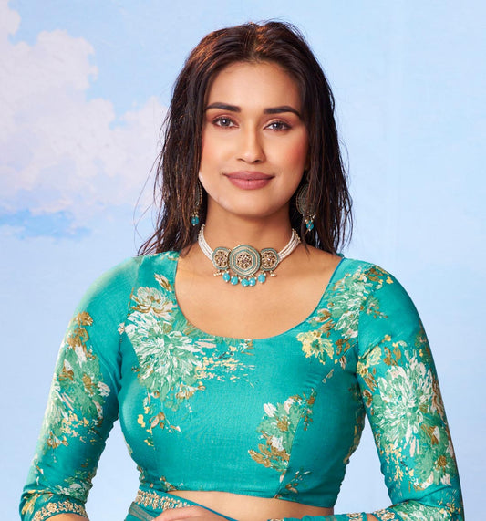 Laxmipati Andaaz Blue Chiffon Floral Printed Saree