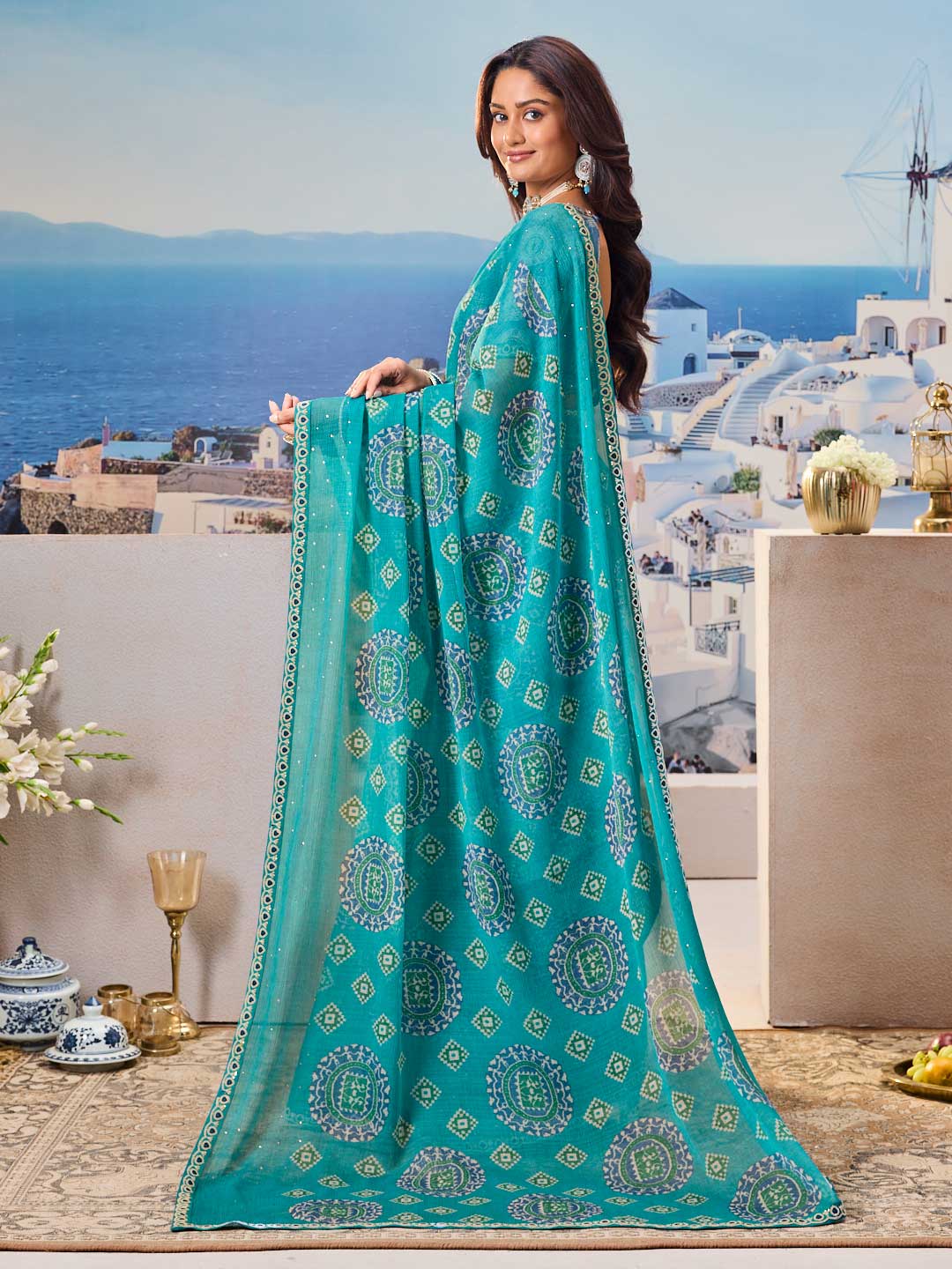 Laxmipati Nazar Blue Chiffon Floral Printed Saree