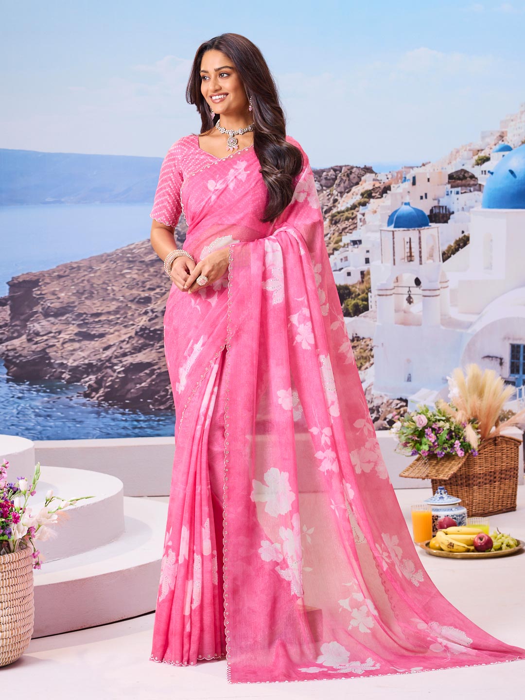 Laxmipati Nazar Pink Chiffon Floral Printed Saree